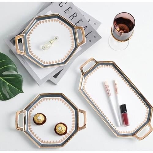 Nordic Gold edge Ceramic Dinner Plates Underglaze Dish double ear jewelry tray Food Fruit Dessert salad sushi plate Tableware