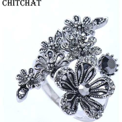 Black Flower Female Ring Neo Gothic Punk Ring With Rhinestones Vintage Jewelry For Hands Finger Rings