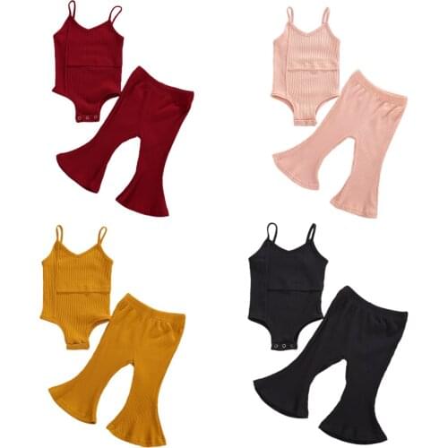 2020 Baby Summer Clothing Newborn Baby Girl Solid Sleeveless Romper Top+Long Bell Pants Bottoms Outfits Ribbed Clothes Sets 0-3Y
