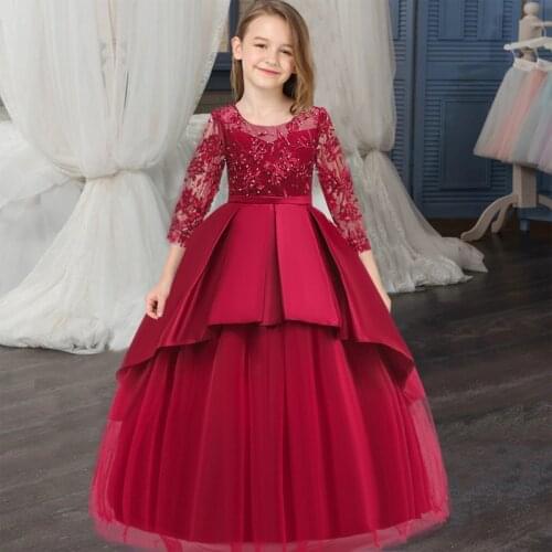 4-14 T Lace Sleeve Teenager Beads Costumes Girl Pageant Evening Wedding Kids Dresses For Girls Long Princess Dress