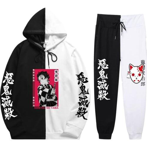 Summer Unisex 2 Pieces Sets Anime Harajuku Demon Slayer Hoodies Pop Print Patchwork Thin Hoodie+Patchwork Pants Sweater