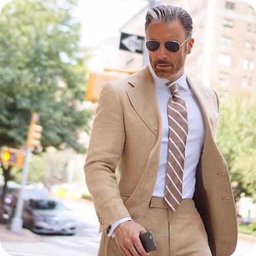 Champagne Linen Mens Suits Casual Business Slim Fit Wedding Tuxedos Groom Wear Terno Bridegroom Prom Blazer 2Pcs Costume Homme