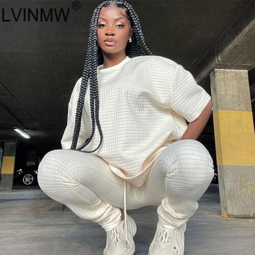 LVINMW Plaid Casual Sports Daily Fashion Solid Loose Two Piece Set Women O Neck Short Sleeve T Shirt Drawstring High Waist Pants