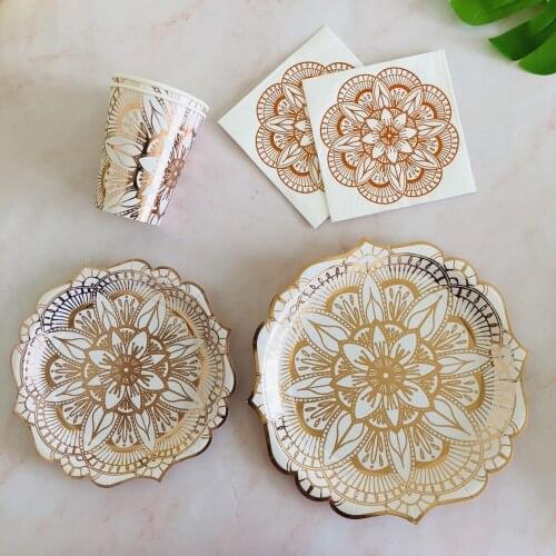 Birthday Party Disposable Tableware Set Disposable Paper Tray Straw Cup Golden Rose Wedding Birthday Decoration Party Supplies
