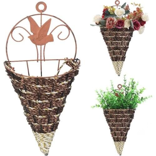 Wall-mounted Flower Basket Natural Wicker Flower Basket Wall Hanging Pot Planter Rattan Vase Basket For Garden Balcony Decor