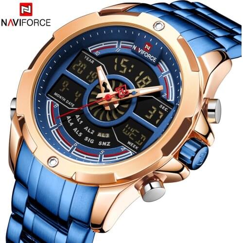 NAVIFORCE Relogio Brand Big Dial Dual Display Quartz Wrist Watch Casual Stainless Steel Men Digital Alarm Luminous Watches