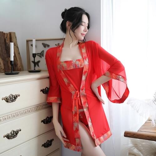 Chinese style sexy embroidery sleepwear set Bridal long robes Kimono lacing Apron Female Lingerie Perspective Nightgown 3Pce Set