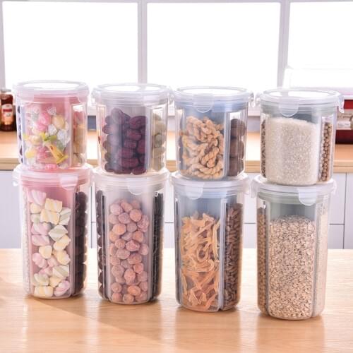 Separator Food Storage Container Plastic Container Kitchen Storage Box Cans Jars Cover Rotatable 3/4 grids R2022