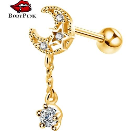 Body Punk 16G Cartilage Earring Piercings Stainless Steel Moon Star with CZ Dangle Earrings Helix Tragus Stud for Women Girl