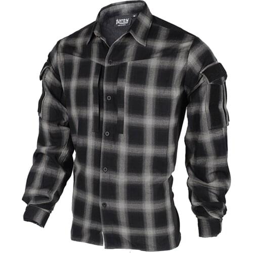 [TRN]BAC Spring Autumn Commuter Tactical Plaid Shirt Combat Clothes Tactical Accessories - S M L XL XXL (Grey) Thin Version