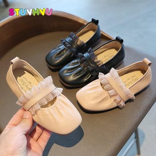 Pink Black Leather Girls Princess Shoes Soft Bottom Casual Children Shoes Fashion Lace Dance Toddler Girl Shoe for Kids Flats