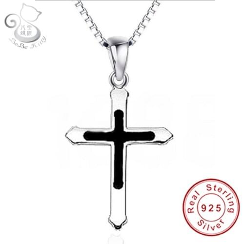 Vintage Fine Genuine 925 Silver Punk Statement Necklace Trendy Men/Women Black & Silver Color Cross Necklace & Pendants Jewelry