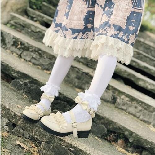 Vintage Sweet Lolita Shoes Japanese Lolita Middle Heel Cosplay JK Uniform Lolita Shoes Lori Lace Round Head Shoes