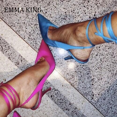 2021 Spring Women Satin Strap Pumps Sexy Pointed Toe High Heels Lace Up Pumps Elegant Famale Wedding Party Evening Shoes Women