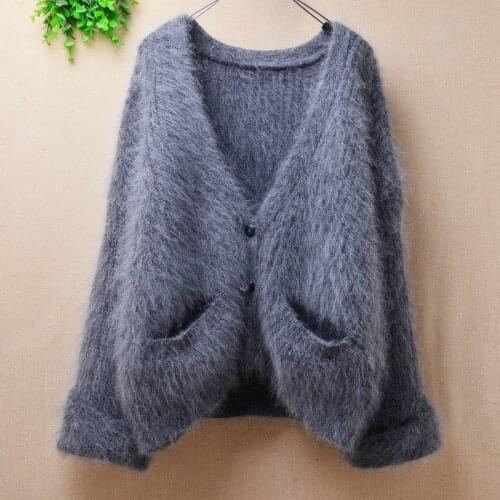 Female women short style cropped mink cashmere knitted v-neck long flare sleeves loose cardigans winter angora fur jacket coat