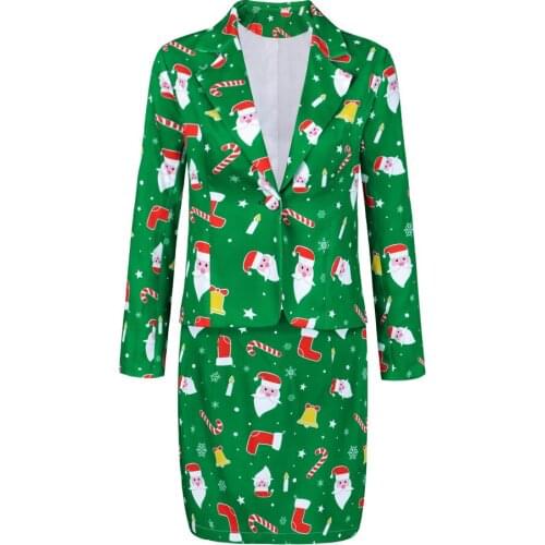 New Year Women OL Two Piece Set Autumn Fashion Elegant Lady Slim Christmas Jacket Skirt Print Snow Set Woman 2 Pieces Blazer Set