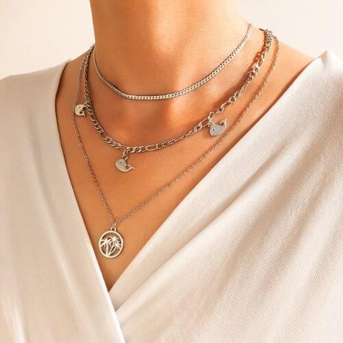 HuaTang Cute Small Fish Tassel Necklace for Women Girls Silver Color Coconut Tree Hollow Geometry Alloy Metal Jewelry Collar