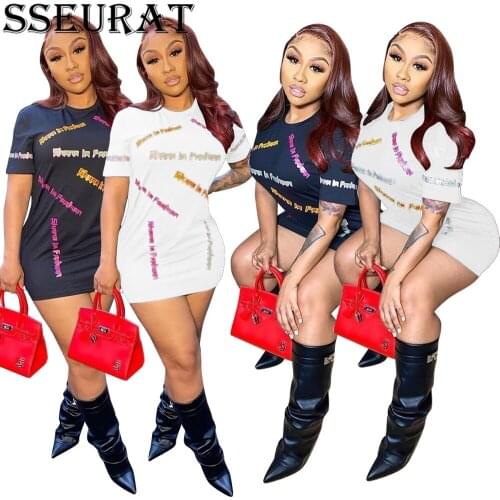 SSEURAT Women Summer Short Sleeve Loose Dress Fashion Casual Letter Printed Mini Dresses