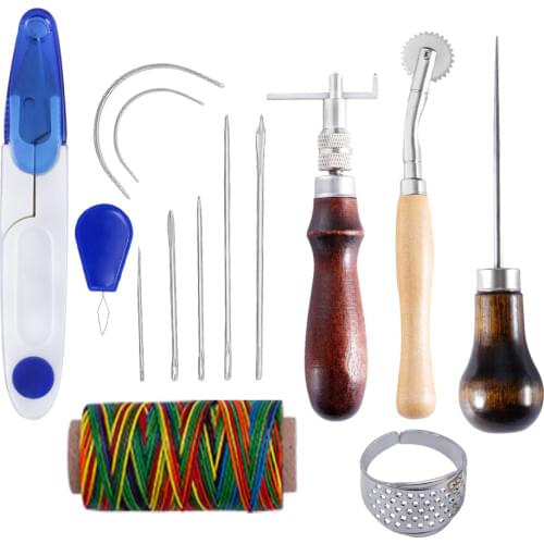 14Pcs/Set Leather Craft Hand Stitching Sewing Tools Awl Waxed Thread Thimble Kit with Groover Awl Waxed Thread Thimble Kit