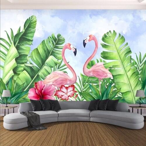 3D Wallpaper Modern Hand Painted Green Plant Leaf Pink Birds Animal Mural Living Room Dining Room Creative Papel De Parede Sala