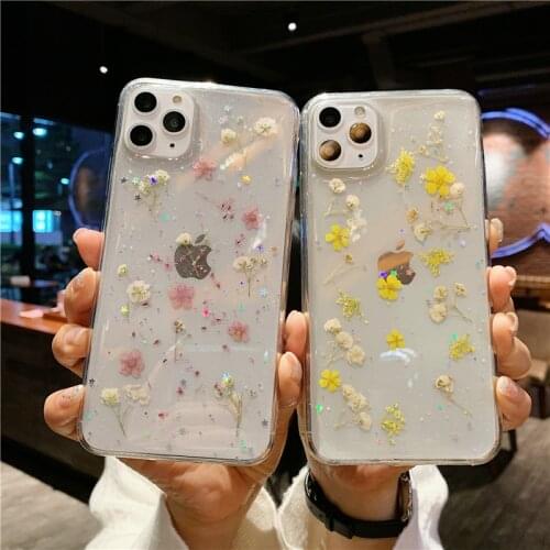 Bling Glitter Real Flower Phone Case For iPhone 11 Pro XS Max X XR Dry Floral Clear Case For iPhone 7 8 Plus Soft Silicone Cover