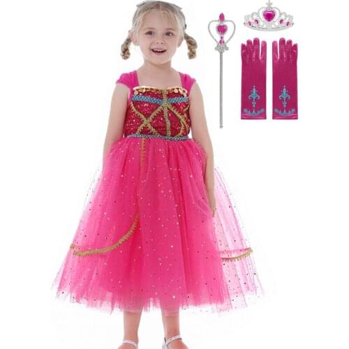 Girls Birthday Party Jasmine Costume Kids Arabian Princess Rose Red Sequins Dress For Children Baby Halloween Fancy Costumes