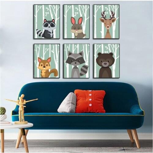 Forest Cartoon Animal Posters Squirrel Deer Cat Canvas Painting For Kids Room Nursery Funny Pictures Baby Gift Home Decoration