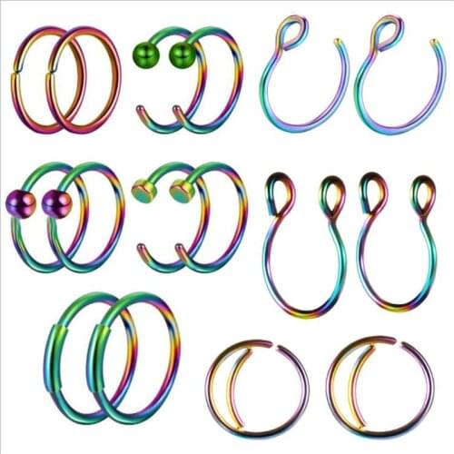 16Pcs/lot Surgical Steel Hoop Nose Rings Women Tragus Lip Piercing Rings Ear Bone Non Piercing Fake Nose Rings Clip Body Jewelry