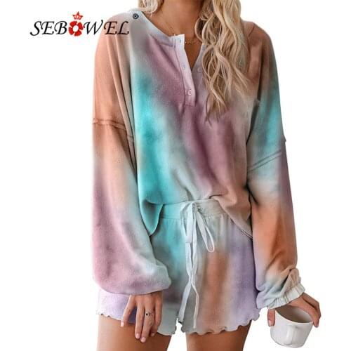 SEBOWEL 2020 New Casual Womens Sets Summer Tie Dye Home Wear Long Sleeve + Shorts Leopard Pajamas Two Piece Set Loungewear