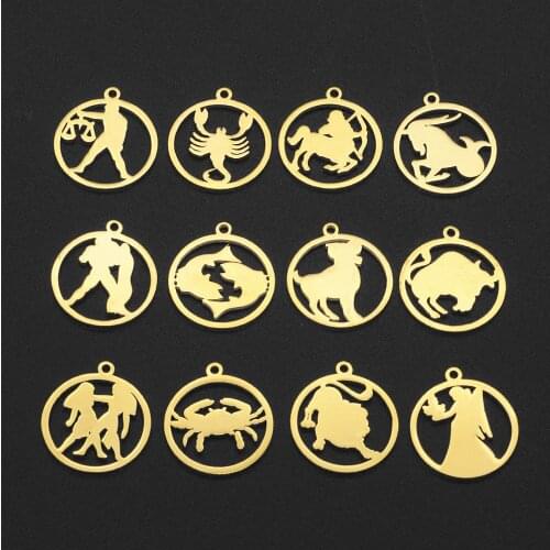 12pcs/set Zodiac Sign Stainless Steel Horoscope DIY Jewelry Charms Connector Wholesale Earring Making Pendant Factory Price