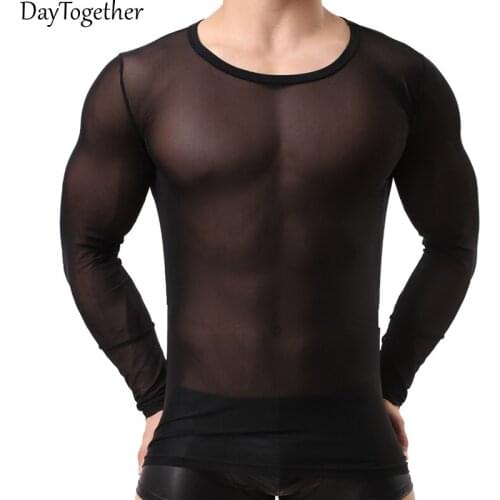 Summer Men Long Sleeve T-shirt Mens See-through Gauze Transparent Tights Sexy Understshirts Sleepwear