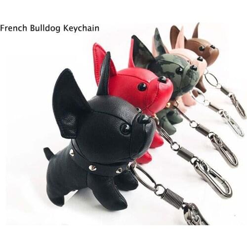 Mini Bulldog Puppy Keychains Faux Leather Doll Key Rings Hanging Pendant Key Holder Charm Bags Decor Car Trinket Punk