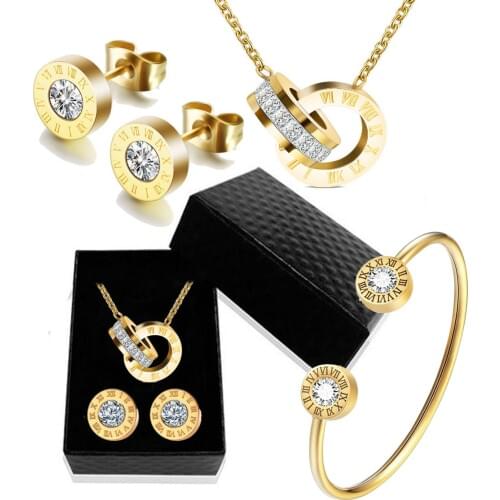 Luxury Roman Numeral Necklace Earring Bracelet Set For Women Wedding Party 316L Stainless Steel Wedding Jewelry Set Gift Box