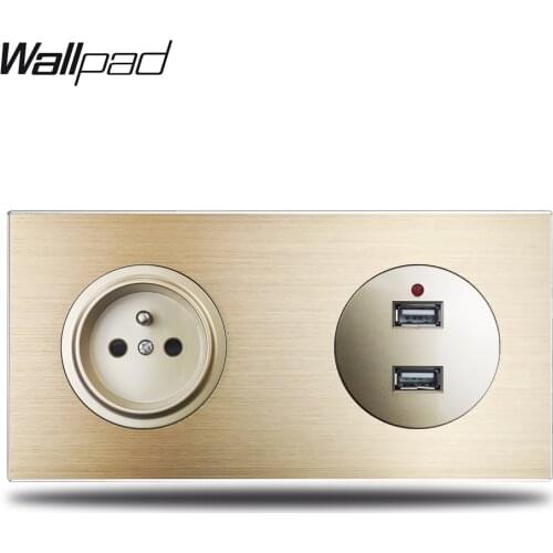 Wallpad L6 Gold French Wall Socket Electric Power Outlet USB Charging Ports 2.4A Gold Brushed Aluminum Metal Panel, 172*86mm