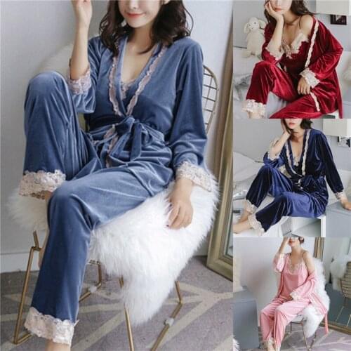 Autumn Winter Warm Pajamas Set Women Sleep Set Deep Gold Velvet Sexy Homewear Pijama Women Pajama Sets Long Pant Set Robe Women