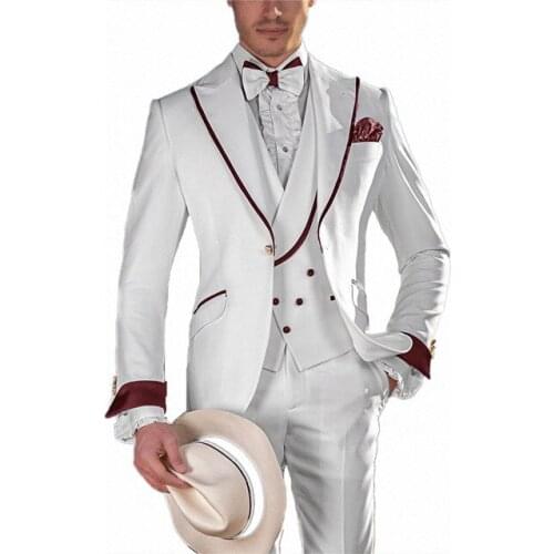 Latest Colorful Mens Romantic Beach Wedding White Tuxedo Suits Double Breasted Waistcoat Peak Lapel Prom Dress Wear For Dinner