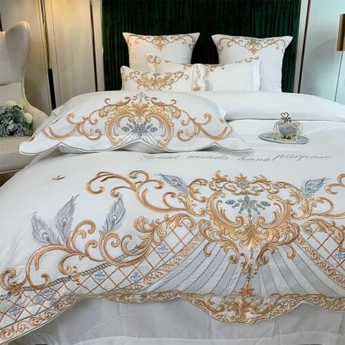 Luxury Gold Embroidery Breathable Silk Cotton Bedding Set Queen King Double Duvet Cover Set Bed Linen Pillowcases Home Textile