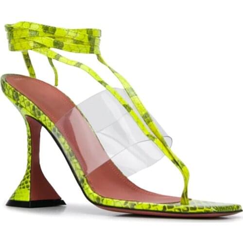 Open Square Clip Toe Snakeskin Transparent Lace Up Sexy Women Sandals Flip Flops High Kitten Heel Dress Shoes35-42