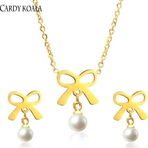 2019 new Pearl Bow Earring and Necklace Set High-quality Stainless steel material gold / silver rose gold women jewelry set