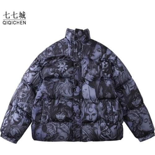 Warm Padded Parka Men Hip Hop Anime Digital Print 2021 Streetwear Thicken Cotton Jacket Women Harajuku Casual Coats Outerwear