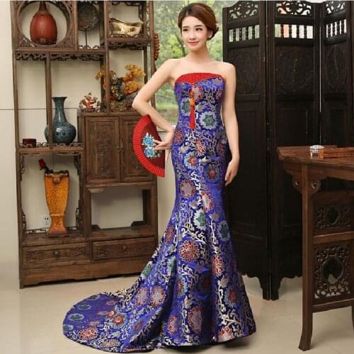 Traditional Chinese clothing wedding Party cheongsam long style women Charming Sexy Qipao blue and red gown Oriental costume