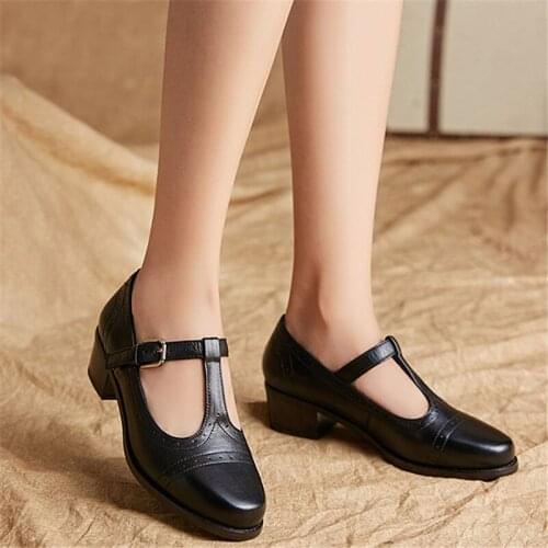 Vintage Round Toe Ankle T-Strap Ladies Shoes Woman Thick Heels Girl Prom Shoes Sapato Feminino Pumps Women Shoes High Heel Pumps