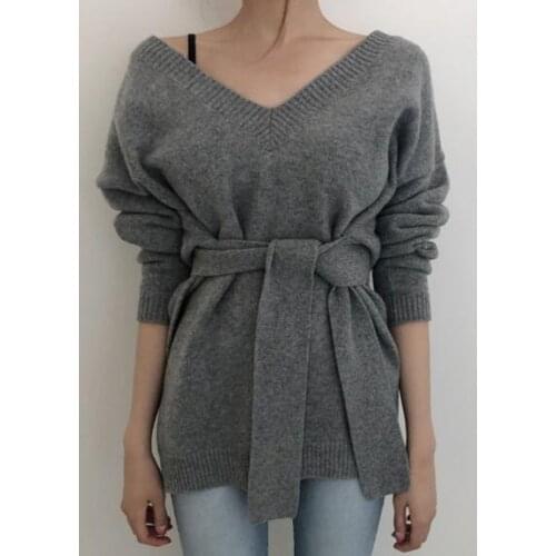 Long Sleeve Outwear Slim Jumper Women Autumn Knitted V Neck Pullover Sweater with Sashes Ladies