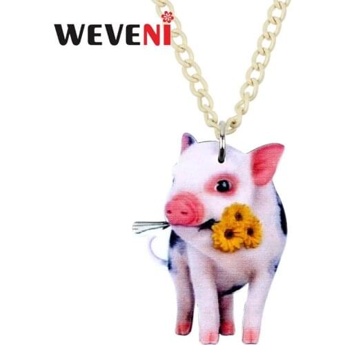 WEVENI Acrylic Flower Piggy Pig Necklace Pendant Chain Collar Fashion Animal Pet Jewelry For Women Girls Teens Gift Decoration