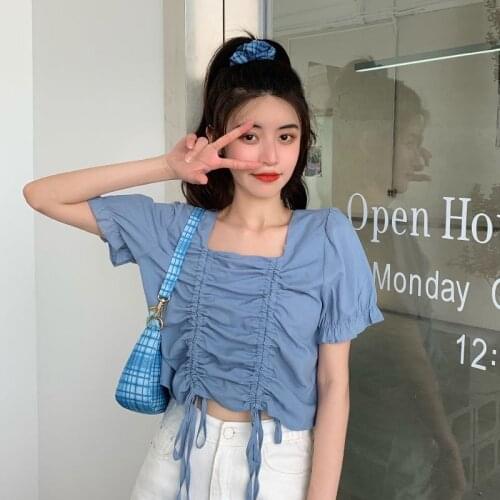 Women Blouse Summer Wear 2021year Puff Sleeve Womens Drawstring Short Top Blusas Mujer De Moda