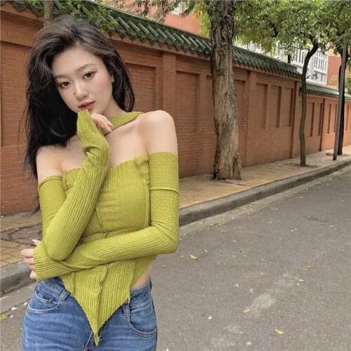 A Word Shoulder Collarbone T-Shirt For Women Summer Design Pure Desire Wind Short Tight Teck With Breast Pink Long-Sleeved Blous