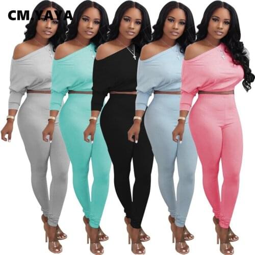 CM.YAYA Solid Full Batwing Sleeve Slant Collar Off Shoulder Top 2 Piece Set Women High Elastic Full Length Pants Outfits Female