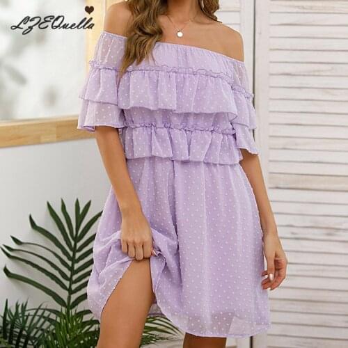 LZEQuella Women Sexy Purple Slash Neck Mini Dress Spring Summer Ruffles Pleated Polka Dot High Waist Party Club Dresses NZ3015