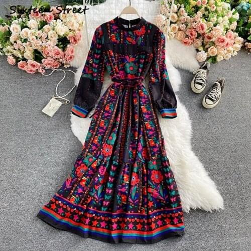 Maxi Dresses for Women Bohemian Long Sleeve Dress Retro Flower Print Korean Style Vestido De Mujer Y2k Clothing Women Luxury