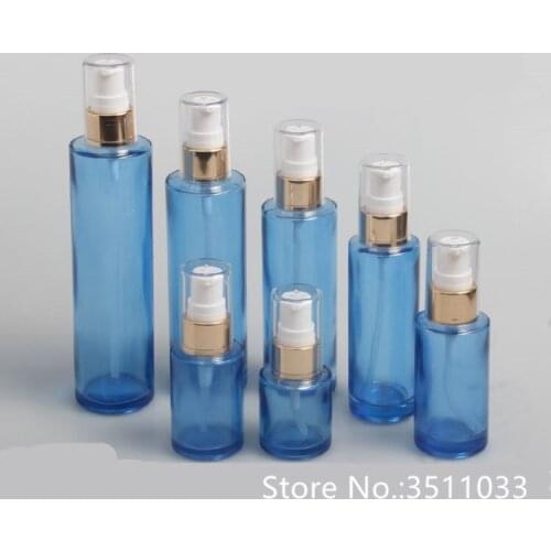 10pcs High Quality Blue Glass Empty Lotion Press Pump Bottle Cosmetic Container Liquid Spray Bottle 20ml 30ml 40ml 60ml 100ml
